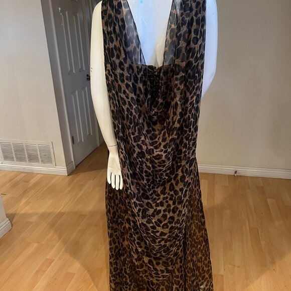 VINTAGE 90'S CAROL MIGNON SILK LEOPARD HALTER DRAPE BACK GOWN SIZE 8 US - Picture 3 of 6